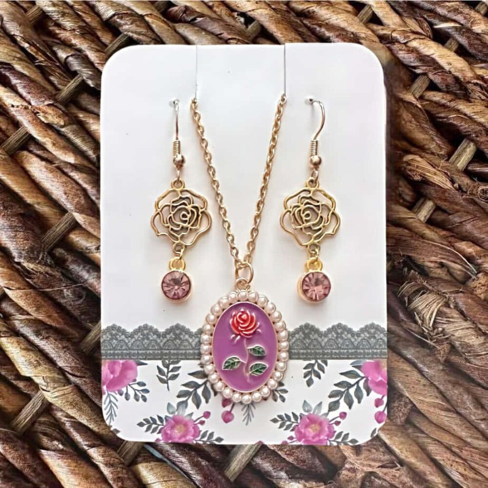 New Handmade Purple Rose Pendant Necklace and Earrings Set